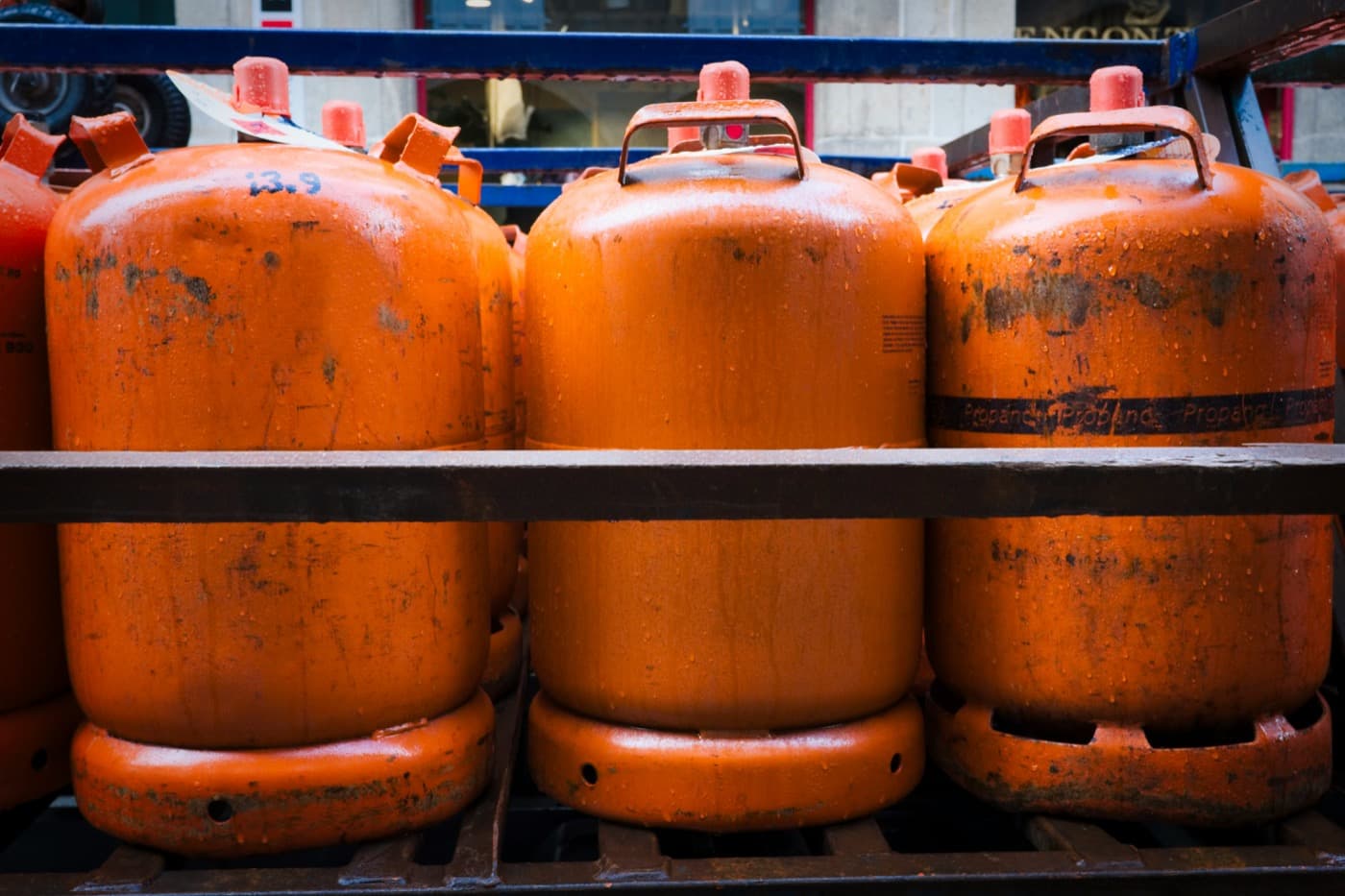 Industrial gas cylinders stored together